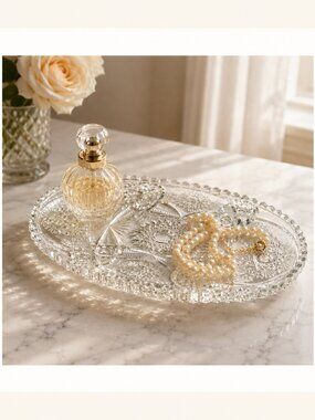 Vintage Pressed Glass Vanity Tray Oval Relish Dish Starburst Pattern 10.5”